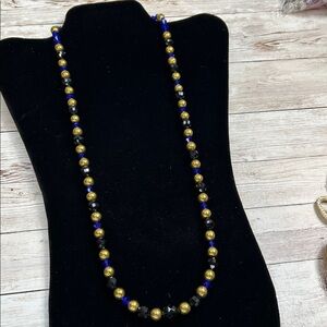Elegant Gold and Blue Crystal and green and black glass Beaded Necklace